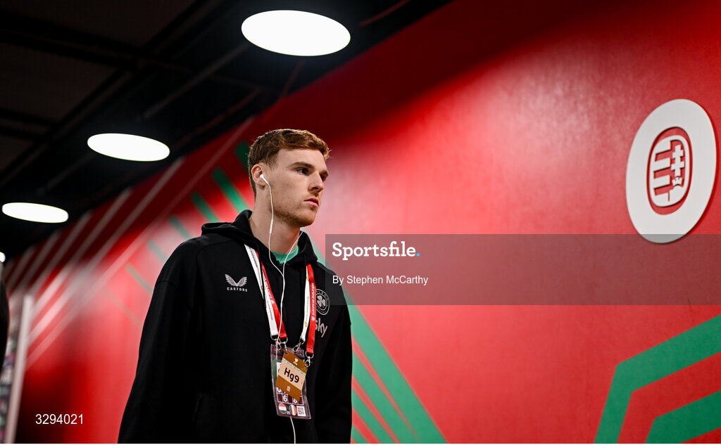 16 November 2025; Jake O'Brien of Republic of Ireland before the FIFA World Cup 2026 Group F Qualifier match between Hungary and Republic of Ireland at Puskás Aréna in Budapest, Hungary. Photo by Stephen McCarthy/Sportsfile