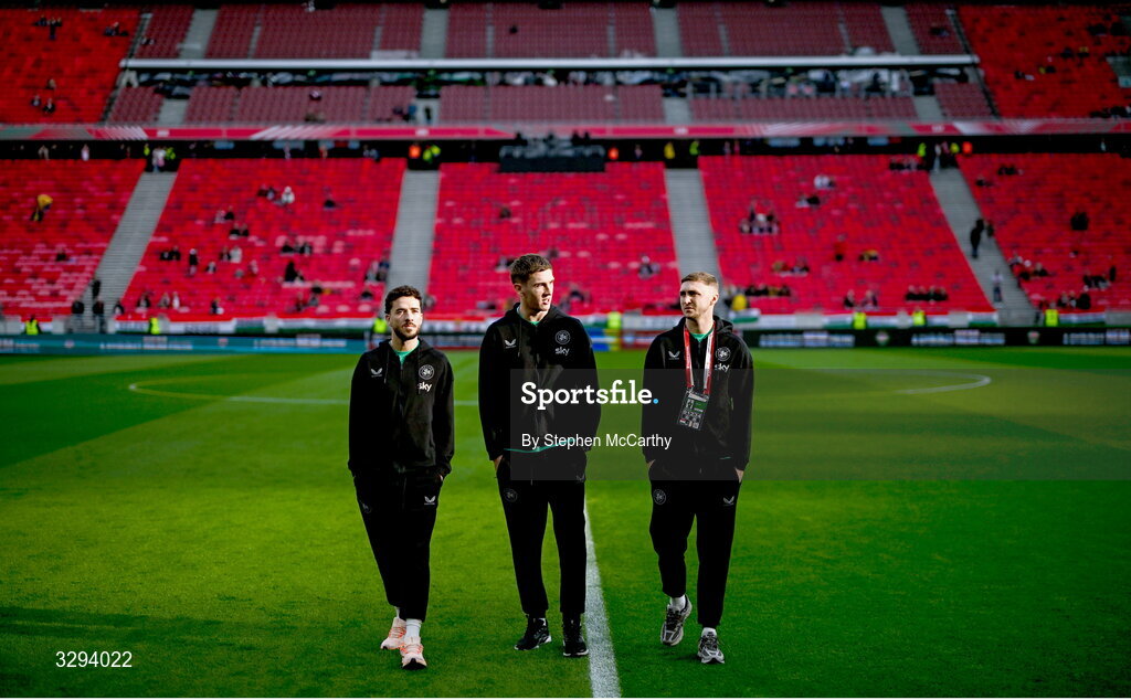 16 November 2025; Mikey Johnston, left, Jimmy Dunne, centre, and Jack Taylor of Republic of Ireland before the FIFA World Cup 2026 Group F Qualifier match between Hungary and Republic of Ireland at Puskás Aréna in Budapest, Hungary. Photo by Stephen McCarthy/Sportsfile