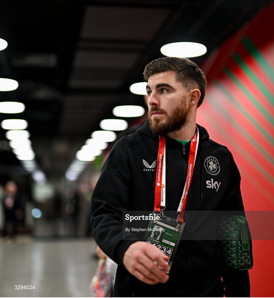16 November 2025; Ryan Manning of Republic of Ireland before the FIFA World Cup 2026 Group F Qualifier match between Hungary and Republic of Ireland at Puskás Aréna in Budapest, Hungary. Photo by Stephen McCarthy/Sportsfile