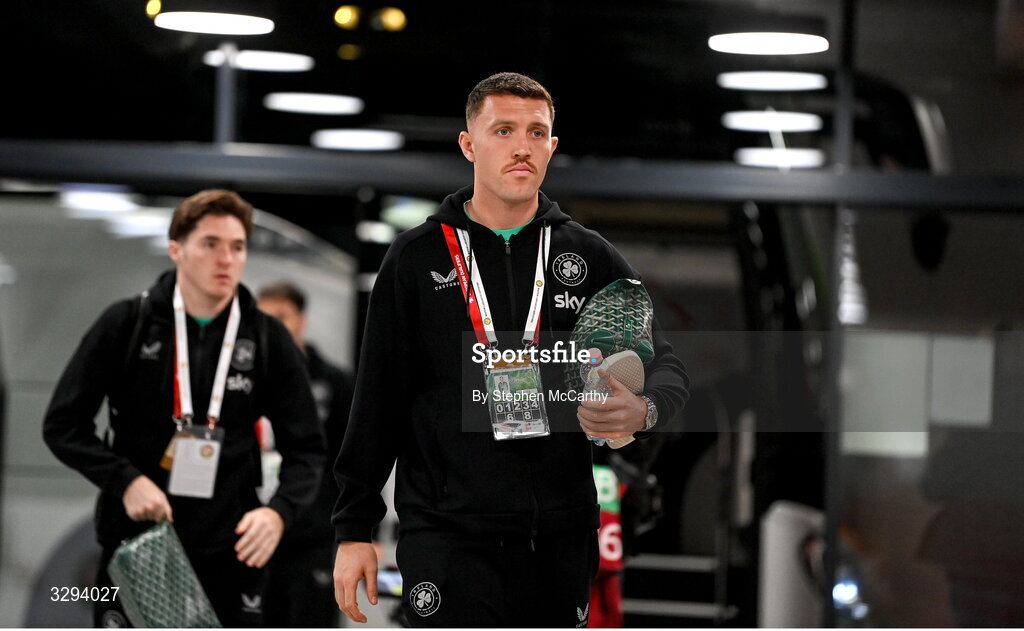 16 November 2025; Dara O'Shea of Republic of Ireland before the FIFA World Cup 2026 Group F Qualifier match between Hungary and Republic of Ireland at Puskás Aréna in Budapest, Hungary. Photo by Stephen McCarthy/Sportsfile