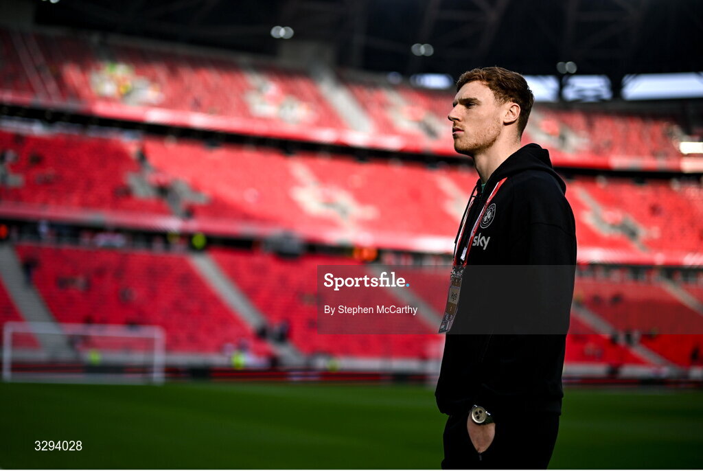 16 November 2025; Jake O'Brien of Republic of Ireland before the FIFA World Cup 2026 Group F Qualifier match between Hungary and Republic of Ireland at Puskás Aréna in Budapest, Hungary. Photo by Stephen McCarthy/Sportsfile