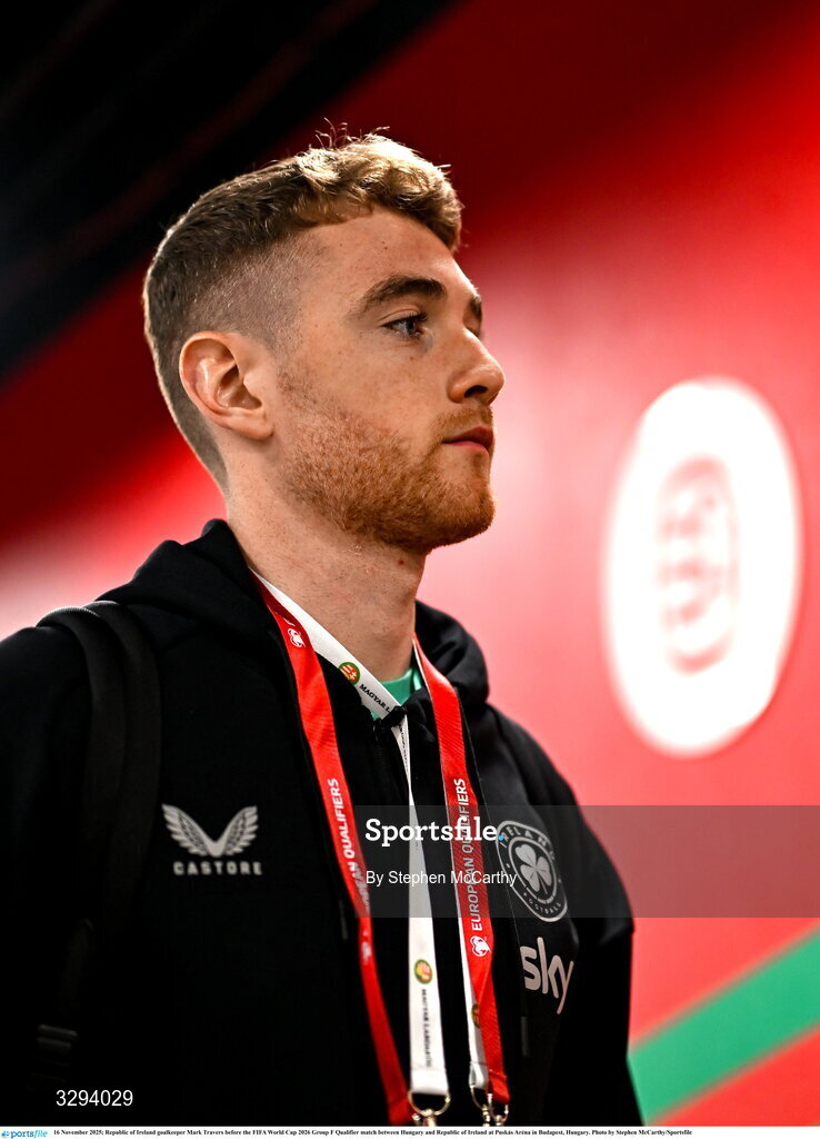 16 November 2025; Republic of Ireland goalkeeper Mark Travers before the FIFA World Cup 2026 Group F Qualifier match between Hungary and Republic of Ireland at Puskás Aréna in Budapest, Hungary. Photo by Stephen McCarthy/Sportsfile