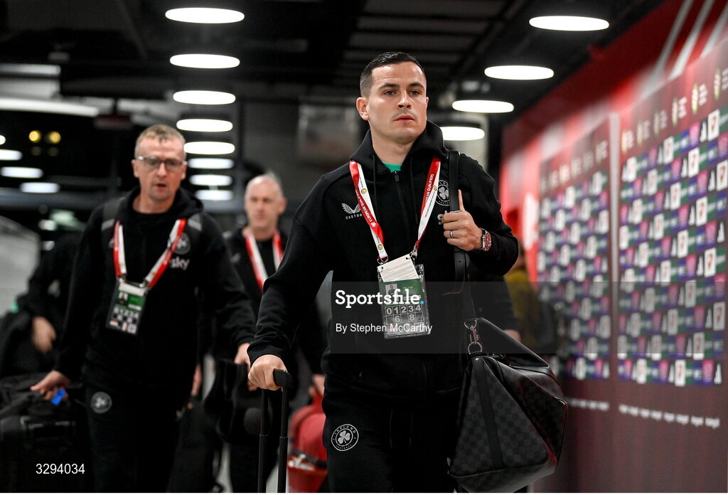 16 November 2025; Josh Cullen of Republic of Ireland before the FIFA World Cup 2026 Group F Qualifier match between Hungary and Republic of Ireland at Puskás Aréna in Budapest, Hungary. Photo by Stephen McCarthy/Sportsfile