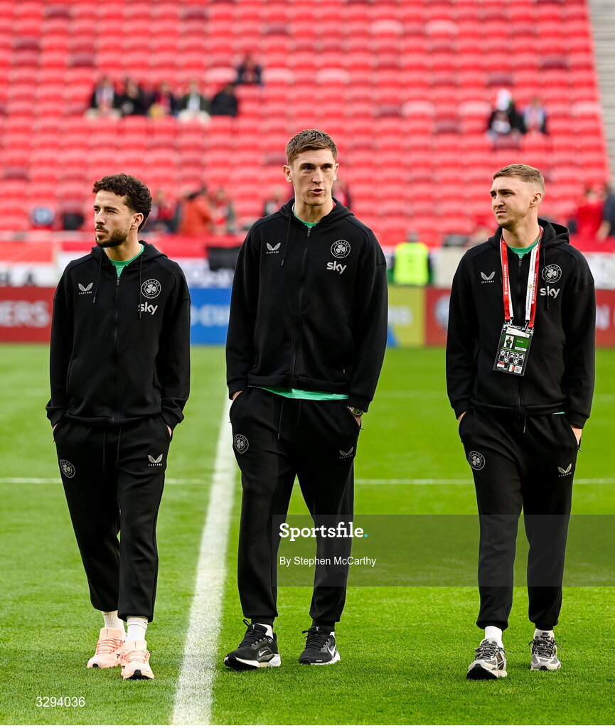 16 November 2025; Mikey Johnston, left, Jimmy Dunne, centre, and Jack Taylor of Republic of Ireland before the FIFA World Cup 2026 Group F Qualifier match between Hungary and Republic of Ireland at Puskás Aréna in Budapest, Hungary. Photo by Stephen McCarthy/Sportsfile