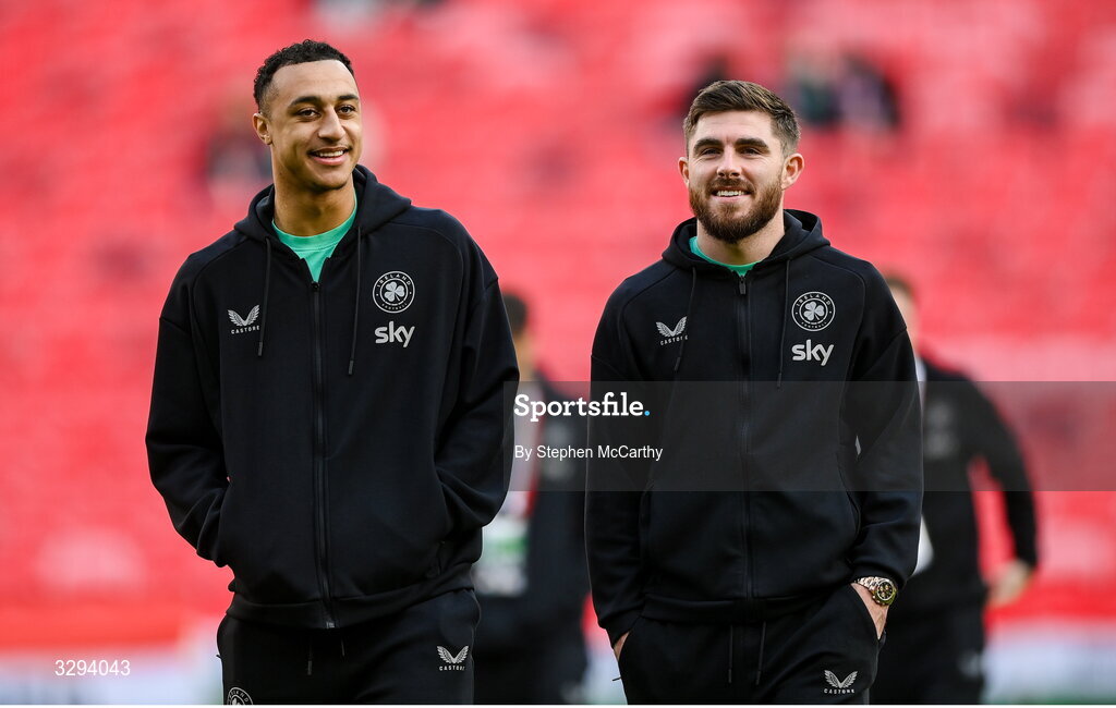 16 November 2025; Adam Idah, left, and Ryan Manning of Republic of Ireland before the FIFA World Cup 2026 Group F Qualifier match between Hungary and Republic of Ireland at Puskás Aréna in Budapest, Hungary. Photo by Stephen McCarthy/Sportsfile