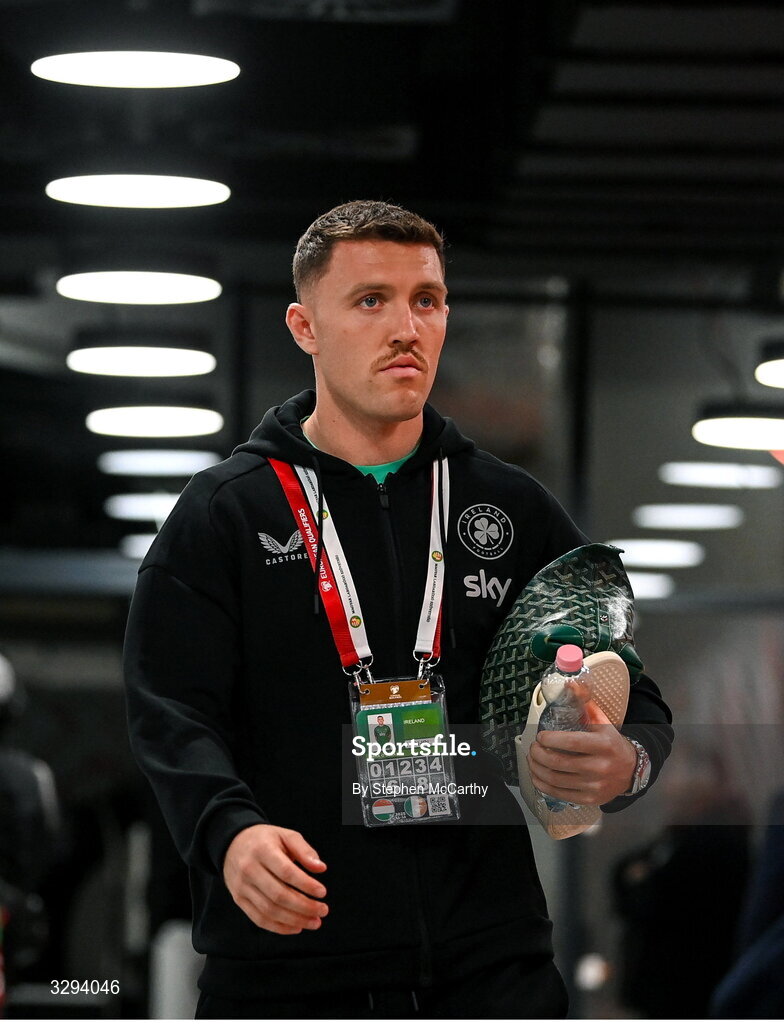 16 November 2025; Dara O'Shea of Republic of Ireland before the FIFA World Cup 2026 Group F Qualifier match between Hungary and Republic of Ireland at Puskás Aréna in Budapest, Hungary. Photo by Stephen McCarthy/Sportsfile