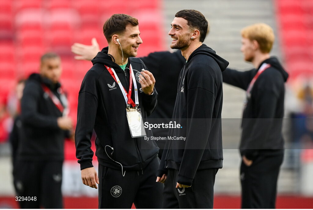 16 November 2025; Troy Parrott, right, and Jayson Molumby of Republic of Ireland before the FIFA World Cup 2026 Group F Qualifier match between Hungary and Republic of Ireland at Puskás Aréna in Budapest, Hungary. Photo by Stephen McCarthy/Sportsfile
