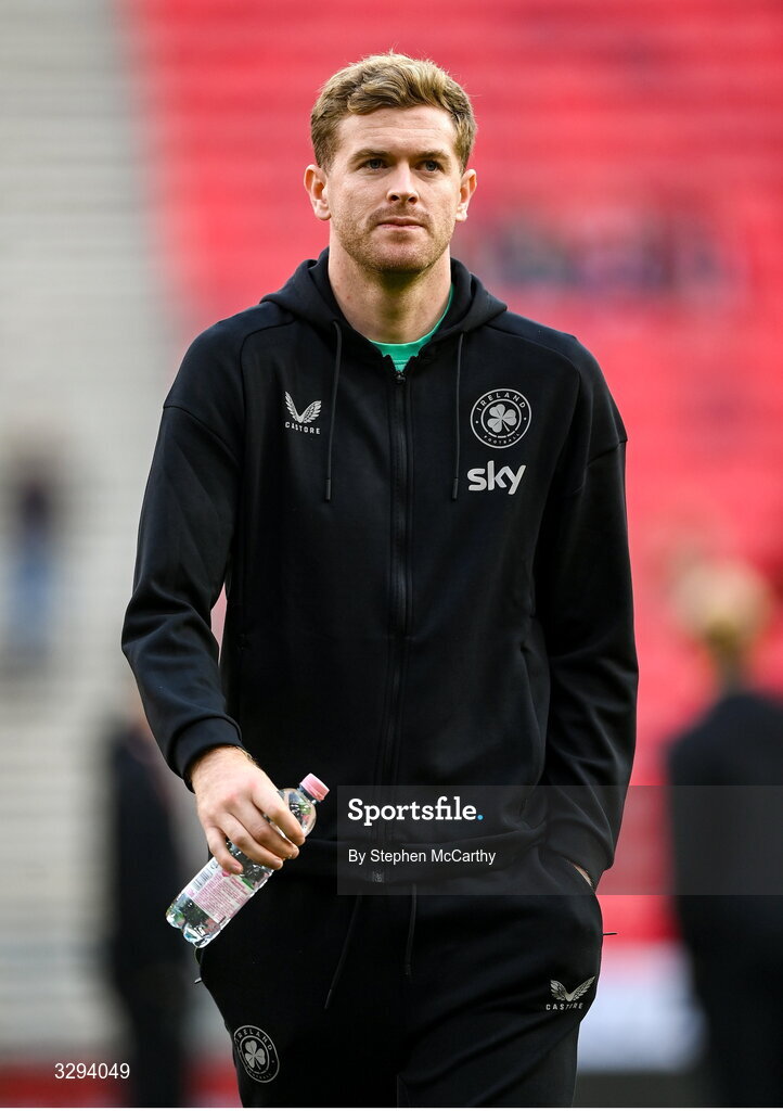 16 November 2025; Nathan Collins of Republic of Ireland before the FIFA World Cup 2026 Group F Qualifier match between Hungary and Republic of Ireland at Puskás Aréna in Budapest, Hungary. Photo by Stephen McCarthy/Sportsfile