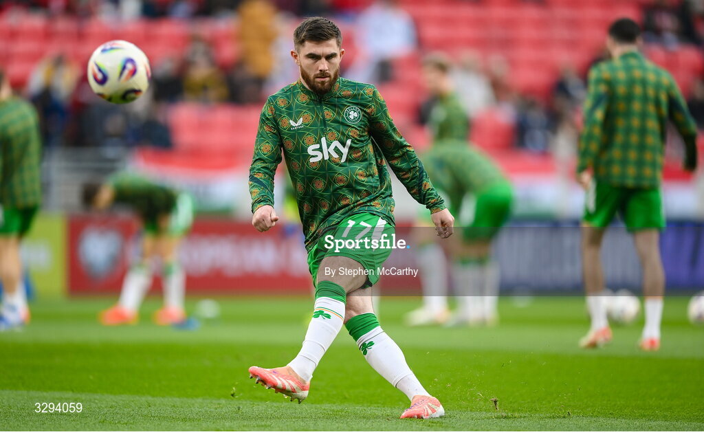16 November 2025; Ryan Manning of Republic of Ireland before the FIFA World Cup 2026 Group F Qualifier match between Hungary and Republic of Ireland at Puskás Aréna in Budapest, Hungary. Photo by Stephen McCarthy/Sportsfile