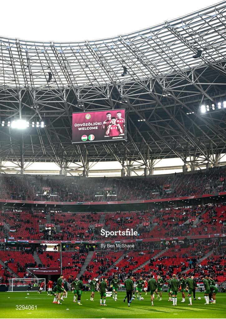 16 November 2025; The Republic of Ireland team warm-up before the FIFA World Cup 2026 Group F Qualifier match between Hungary and Republic of Ireland at Puskás Aréna in Budapest, Hungary. Photo by Ben McShane/Sportsfile