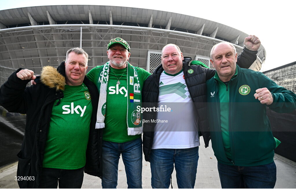 16 November 2025; Republic of Ireland supporters Paul Gibson, Davey Crowe, Christy O'Grady and Dave O'Connell before the FIFA World Cup 2026 Group F Qualifier match between Hungary and Republic of Ireland at Puskás Aréna in Budapest, Hungary. Photo by Ben McShane/Sportsfile