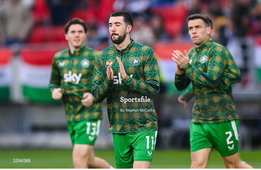 16 November 2025; Finn Azaz of Republic of Ireland and teammates before the FIFA World Cup 2026 Group F Qualifier match between Hungary and Republic of Ireland at Puskás Aréna in Budapest, Hungary. Photo by Stephen McCarthy/Sportsfile