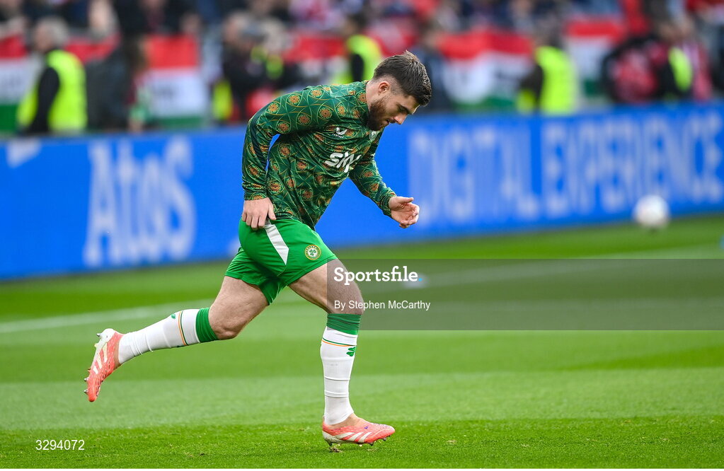 16 November 2025; Ryan Manning of Republic of Ireland before the FIFA World Cup 2026 Group F Qualifier match between Hungary and Republic of Ireland at Puskás Aréna in Budapest, Hungary. Photo by Stephen McCarthy/Sportsfile