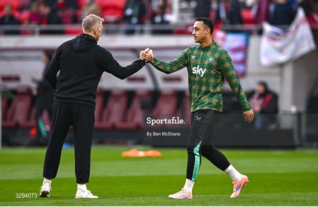 16 November 2025; Republic of Ireland head coach Heimir Hallgrimsson and Adam Idah of Republic of Ireland before the FIFA World Cup 2026 Group F Qualifier match between Hungary and Republic of Ireland at Puskás Aréna in Budapest, Hungary. Photo by Ben McShane/Sportsfile