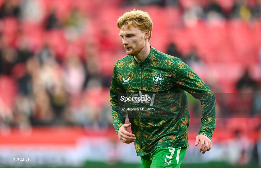 16 November 2025; Liam Scales of Republic of Ireland before the FIFA World Cup 2026 Group F Qualifier match between Hungary and Republic of Ireland at Puskás Aréna in Budapest, Hungary. Photo by Stephen McCarthy/Sportsfile