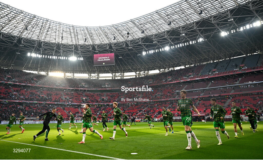 16 November 2025; The Republic of Ireland team warm-up before the FIFA World Cup 2026 Group F Qualifier match between Hungary and Republic of Ireland at Puskás Aréna in Budapest, Hungary. Photo by Ben McShane/Sportsfile