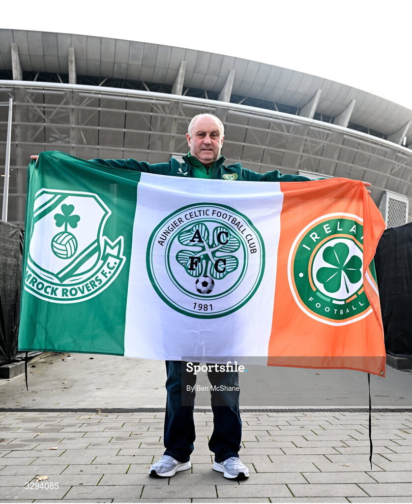 16 November 2025; Republic of Ireland supporter Christy O'Grady, from Dublin, before the FIFA World Cup 2026 Group F Qualifier match between Hungary and Republic of Ireland at Puskás Aréna in Budapest, Hungary. Photo by Ben McShane/Sportsfile