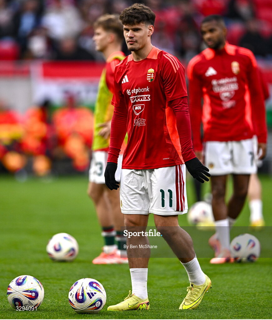 16 November 2025; Milos Kerkez of Hungary before the FIFA World Cup 2026 Group F Qualifier match between Hungary and Republic of Ireland at Puskás Aréna in Budapest, Hungary. Photo by Ben McShane/Sportsfile