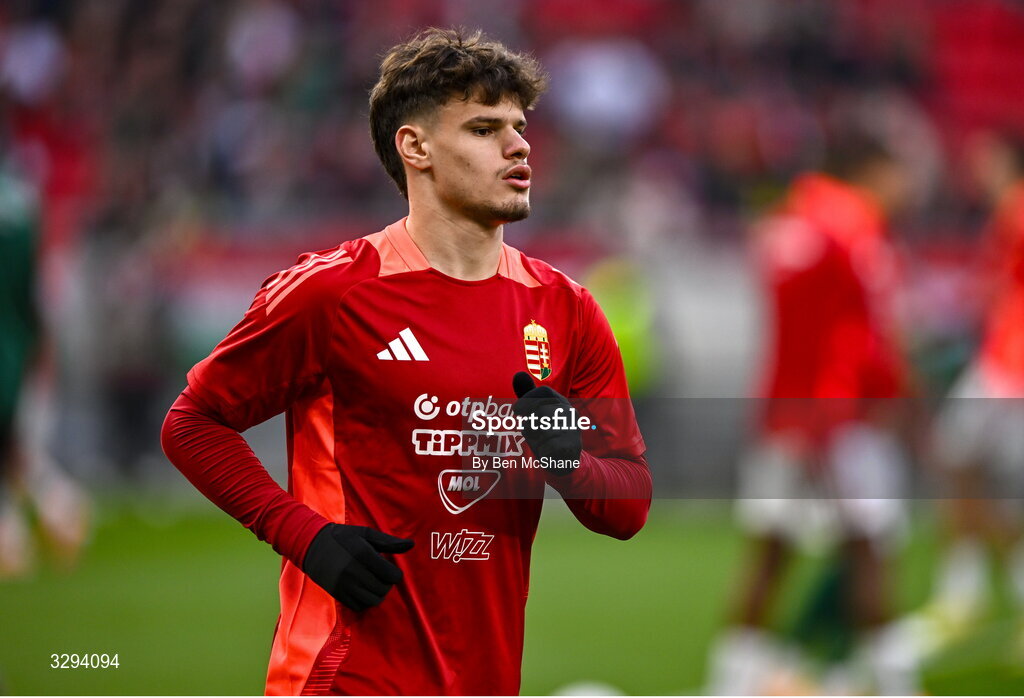 16 November 2025; Milos Kerkez of Hungary before the FIFA World Cup 2026 Group F Qualifier match between Hungary and Republic of Ireland at Puskás Aréna in Budapest, Hungary. Photo by Ben McShane/Sportsfile