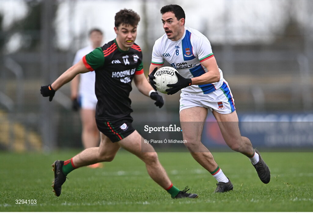 16 November 2025; Mike Murray of Ballina Stephenites in action against Bobby Nugent of St Brigid's during the AIB Connacht GAA Football Senior Club Championship semi-final match between St Brigid's and Ballina Stephenites at King & Moffatt Dr Hyde Park in Roscommon. Photo by Piaras Ó Mídheach/Sportsfile