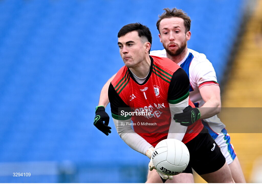 16 November 2025; St Brigid's goalkeeper Conor Carroll in action against David Tighe of Ballina Stephenites during the AIB Connacht GAA Football Senior Club Championship semi-final match between St Brigid's and Ballina Stephenites at King & Moffatt Dr Hyde Park in Roscommon. Photo by Piaras Ó Mídheach/Sportsfile