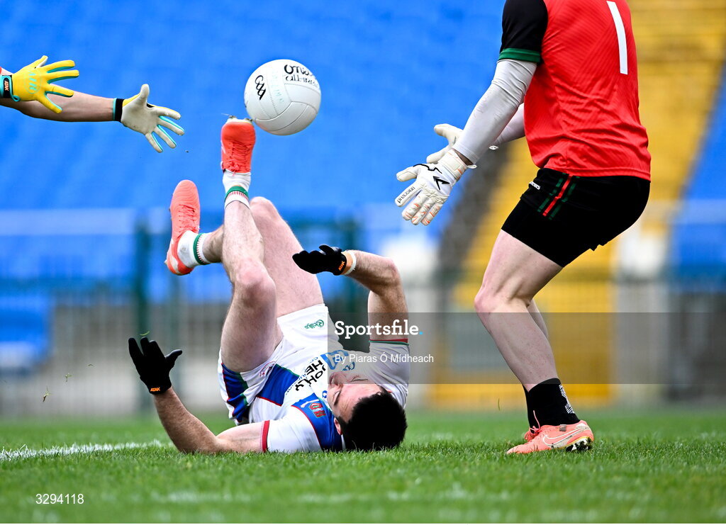 16 November 2025; Evan Regan of Ballina Stephenites scores his side's second goal, an overhead kick while falling, during the AIB Connacht GAA Football Senior Club Championship semi-final match between St Brigid's and Ballina Stephenites at King & Moffatt Dr Hyde Park in Roscommon. Photo by Piaras Ó Mídheach/Sportsfile