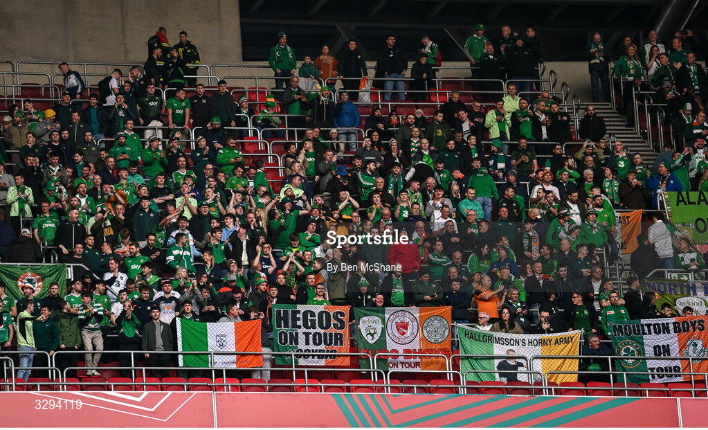 16 November 2025; Republic of Ireland supporters during the FIFA World Cup 2026 Group F Qualifier match between Hungary and Republic of Ireland at Puskás Aréna in Budapest, Hungary. Photo by Ben McShane/Sportsfile
