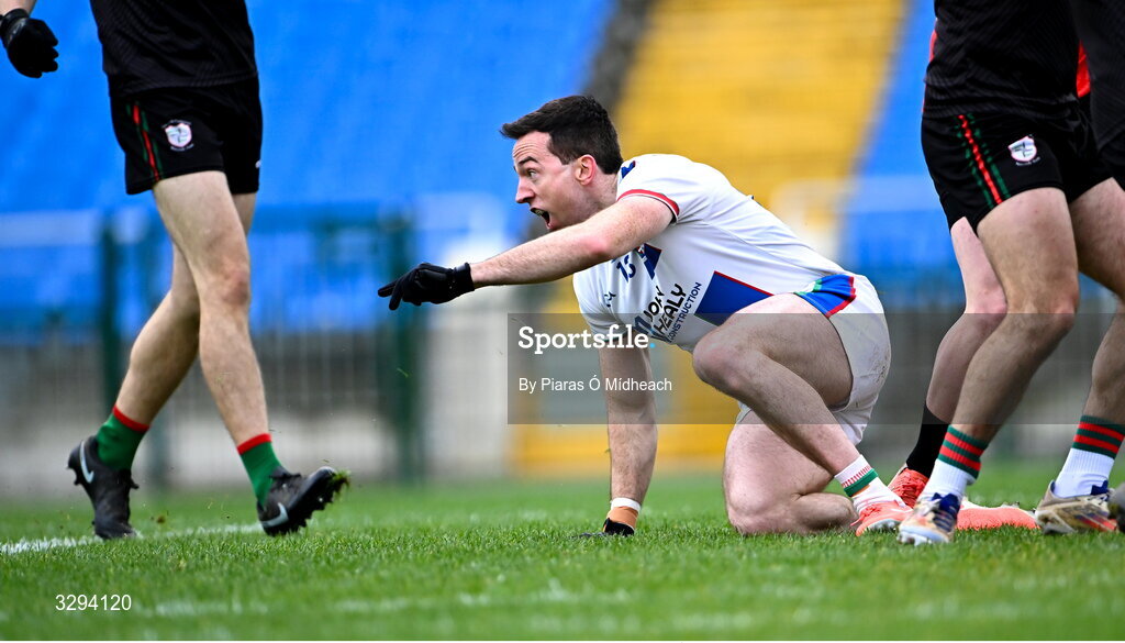16 November 2025; Evan Regan of Ballina Stephenites celebrates after scoring his side's second goal, an overhead kick while falling, during the AIB Connacht GAA Football Senior Club Championship semi-final match between St Brigid's and Ballina Stephenites at King & Moffatt Dr Hyde Park in Roscommon. Photo by Piaras Ó Mídheach/Sportsfile