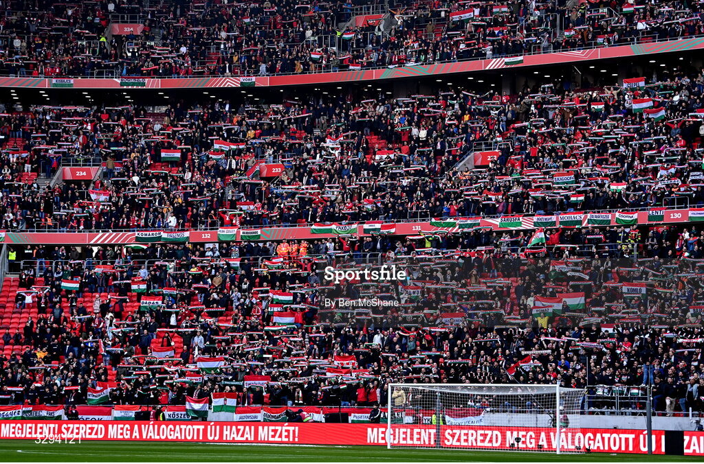 16 November 2025; Hungary supporters during the FIFA World Cup 2026 Group F Qualifier match between Hungary and Republic of Ireland at Puskás Aréna in Budapest, Hungary. Photo by Ben McShane/Sportsfile