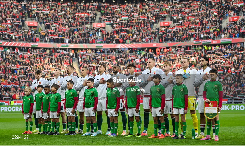 16 November 2025; The Hungary team before the FIFA World Cup 2026 Group F Qualifier match between Hungary and Republic of Ireland at Puskás Aréna in Budapest, Hungary. Photo by Stephen McCarthy/Sportsfile