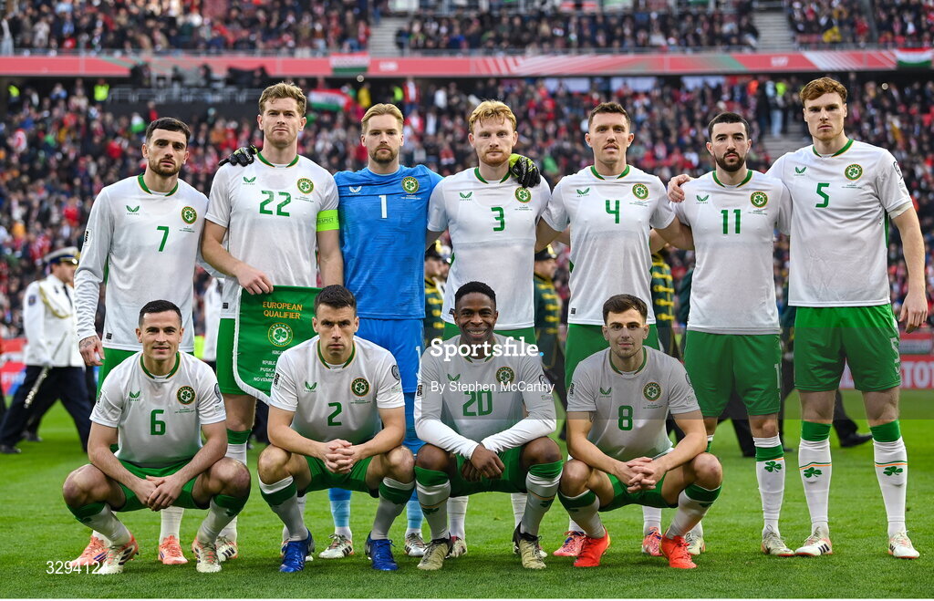 16 November 2025; The Republic of Ireland team, back row, from left to right, Troy Parrott, Nathan Collins, Caoimhin Kelleher, Liam Scales, Dara O'Shea, Finn Azaz and Jake O'Brien; front row, from left to right, Josh Cullen, Seamus Coleman, Chiedozie Ogbene and Jayson Molumby; before the FIFA World Cup 2026 Group F Qualifier match between Hungary and Republic of Ireland at Puskás Aréna in Budapest, Hungary. Photo by Stephen McCarthy/Sportsfile