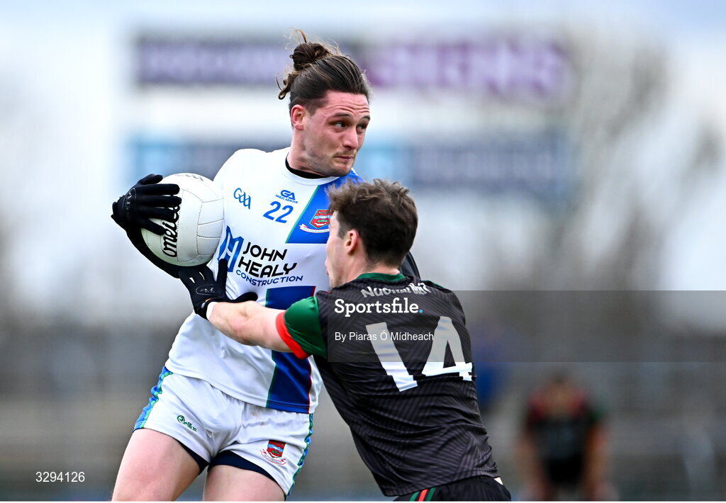 16 November 2025; Padraig O'Hora of Ballina Stephenites in action against Bobby Nugent of St Brigid's during the AIB Connacht GAA Football Senior Club Championship semi-final match between St Brigid's and Ballina Stephenites at King & Moffatt Dr Hyde Park in Roscommon. Photo by Piaras Ó Mídheach/Sportsfile