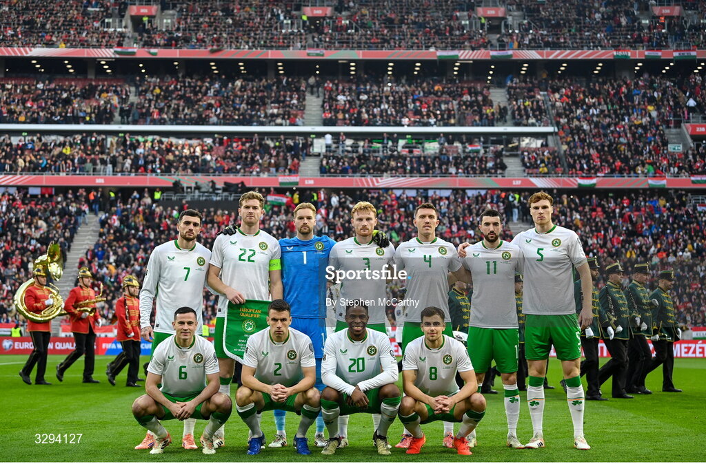 16 November 2025; The Republic of Ireland team, back row, from left to right, Troy Parrott, Nathan Collins, Caoimhin Kelleher, Liam Scales, Dara O'Shea, Finn Azaz and Jake O'Brien; front row, from left to right, Josh Cullen, Seamus Coleman, Chiedozie Ogbene and Jayson Molumby; before the FIFA World Cup 2026 Group F Qualifier match between Hungary and Republic of Ireland at Puskás Aréna in Budapest, Hungary. Photo by Stephen McCarthy/Sportsfile