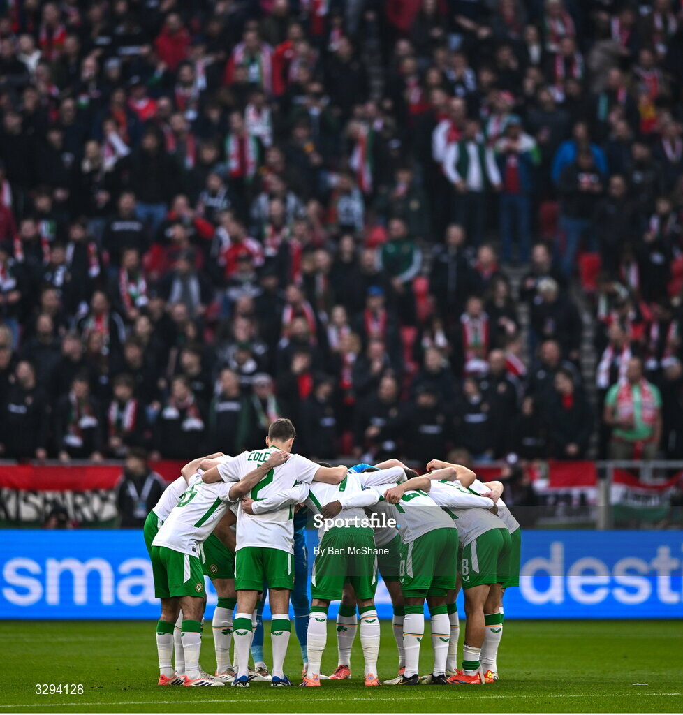 16 November 2025; The Republic of Ireland team huddle before the FIFA World Cup 2026 Group F Qualifier match between Hungary and Republic of Ireland at Puskás Aréna in Budapest, Hungary. Photo by Ben McShane/Sportsfile