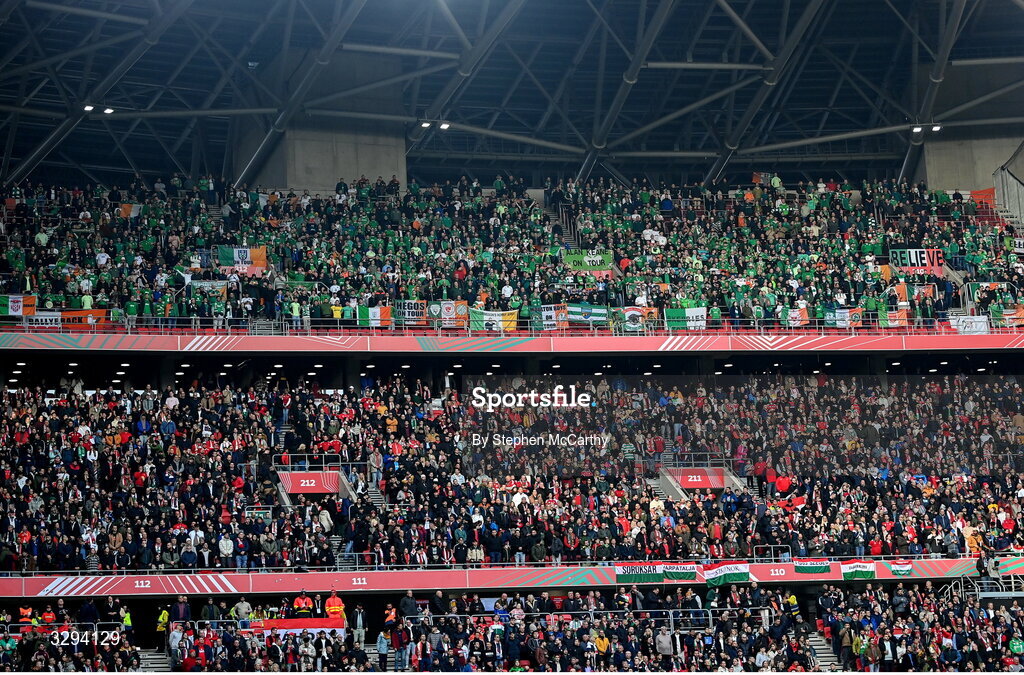 16 November 2025; Supporters during the FIFA World Cup 2026 Group F Qualifier match between Hungary and Republic of Ireland at Puskás Aréna in Budapest, Hungary. Photo by Stephen McCarthy/Sportsfile