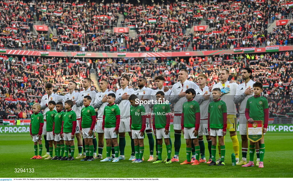 16 November 2025; The Hungary team before the FIFA World Cup 2026 Group F Qualifier match between Hungary and Republic of Ireland at Puskás Aréna in Budapest, Hungary. Photo by Stephen McCarthy/Sportsfile