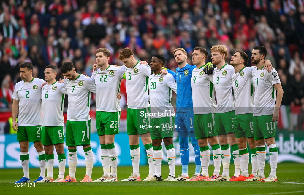 16 November 2025; The Republic of Ireland team, from left, Seamus Coleman, Josh Cullen, Troy Parrott, Nathan Collins, Jake O'Brien, Chiedozie Ogbene, Caoimhin Kelleher, Dara O'Shea, Liam Scales, Jayson Molumby and Finn Azaz before the FIFA World Cup 2026 Group F Qualifier match between Hungary and Republic of Ireland at Puskás Aréna in Budapest, Hungary. Photo by Stephen McCarthy/Sportsfile