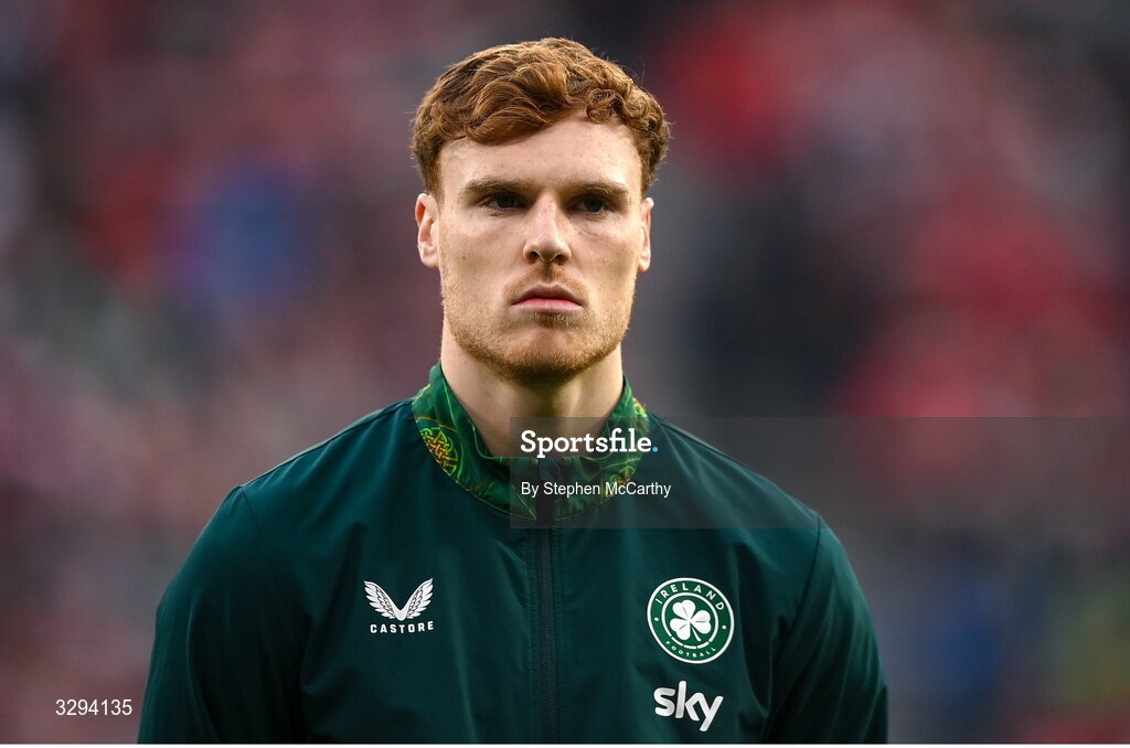 16 November 2025; Jake O'Brien of Republic of Ireland before the FIFA World Cup 2026 Group F Qualifier match between Hungary and Republic of Ireland at Puskás Aréna in Budapest, Hungary. Photo by Stephen McCarthy/Sportsfile