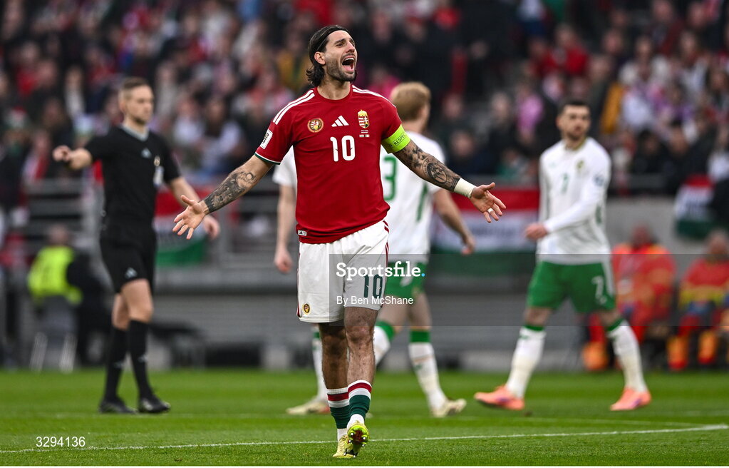 16 November 2025; Dominik Szoboszlai of Hungary celebrates his side's first goal, scored by Dániel Lukács, during the FIFA World Cup 2026 Group F Qualifier match between Hungary and Republic of Ireland at Puskás Aréna in Budapest, Hungary. Photo by Ben McShane/Sportsfile