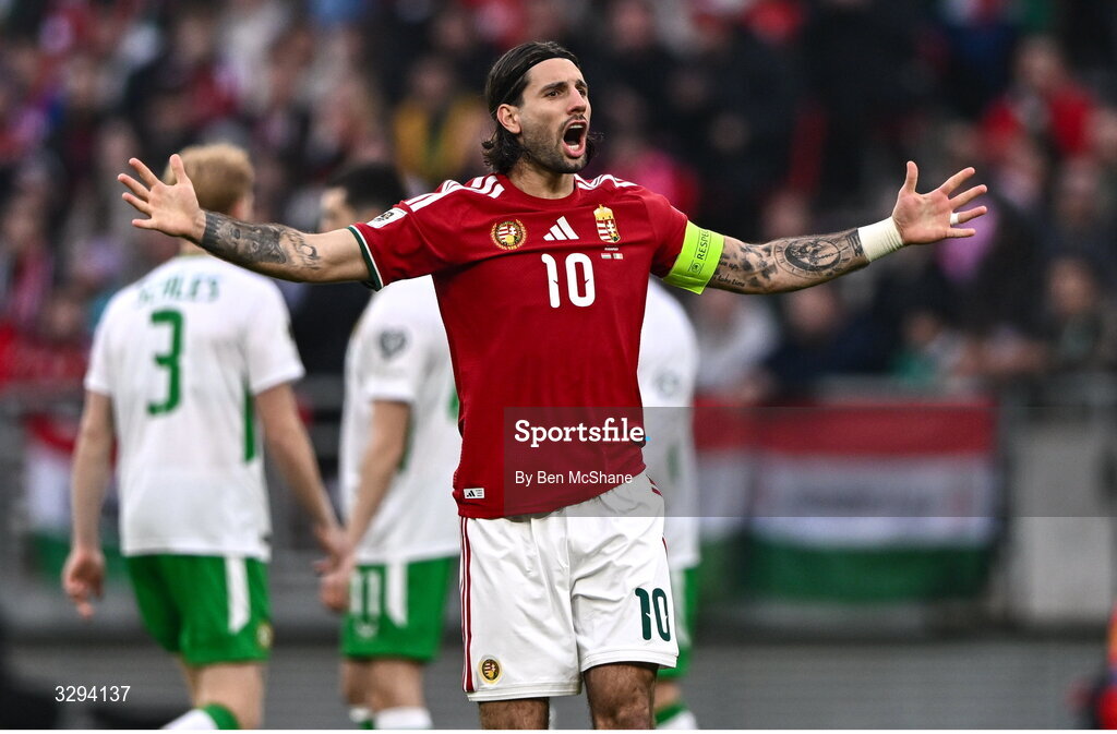 16 November 2025; Dominik Szoboszlai of Hungary celebrates his side's first goal, scored by Dániel Lukács, during the FIFA World Cup 2026 Group F Qualifier match between Hungary and Republic of Ireland at Puskás Aréna in Budapest, Hungary. Photo by Ben McShane/Sportsfile