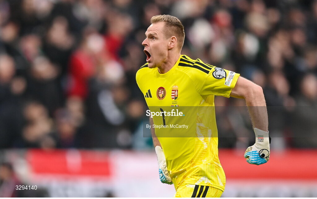 16 November 2025; Hungary goalkeeper Dénes Dibusz celebrates his side's first goal, scored by Dániel Lukács, during the FIFA World Cup 2026 Group F Qualifier match between Hungary and Republic of Ireland at Puskás Aréna in Budapest, Hungary. Photo by Stephen McCarthy/Sportsfile