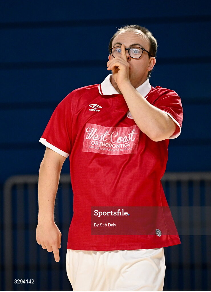 16 November 2025; Stephen Hallagher of Sligo Rovers celebrates after scoring a goal during the LOI Cairdeas Cup Festival match between Sligo Rovers and Shelbourne at the National Indoor Arena on the Sport Ireland Campus in Dublin. Photo by Seb Daly/Sportsfile