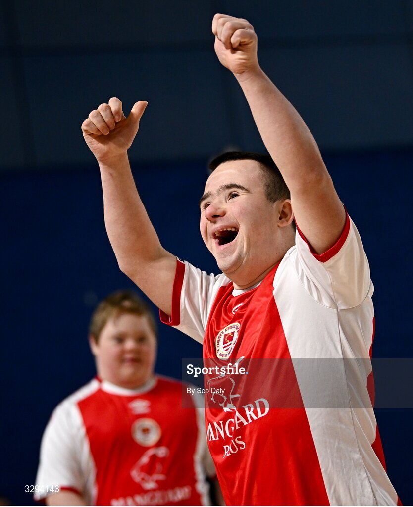 16 November 2025; Reece Mooney of St Patrick's Athletic celebrates after scoring a goal during the LOI Cairdeas Cup Festival match between St Patrick's Athletic and Waterford at the National Indoor Arena on the Sport Ireland Campus in Dublin. Photo by Seb Daly/Sportsfile