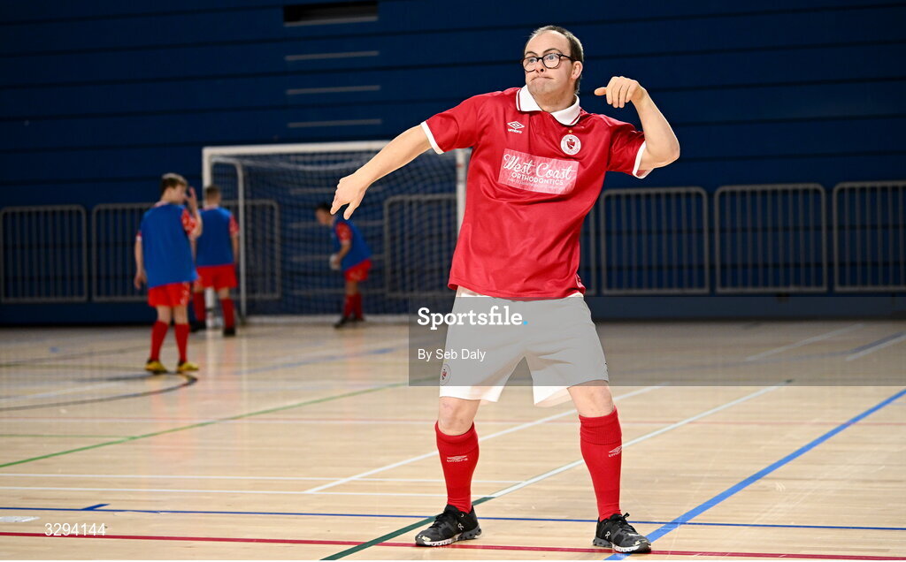 16 November 2025; Stephen Hallagher of Sligo Rovers celebrates after scoring a goal during the LOI Cairdeas Cup Festival match between Sligo Rovers and Shelbourne at the National Indoor Arena on the Sport Ireland Campus in Dublin. Photo by Seb Daly/Sportsfile