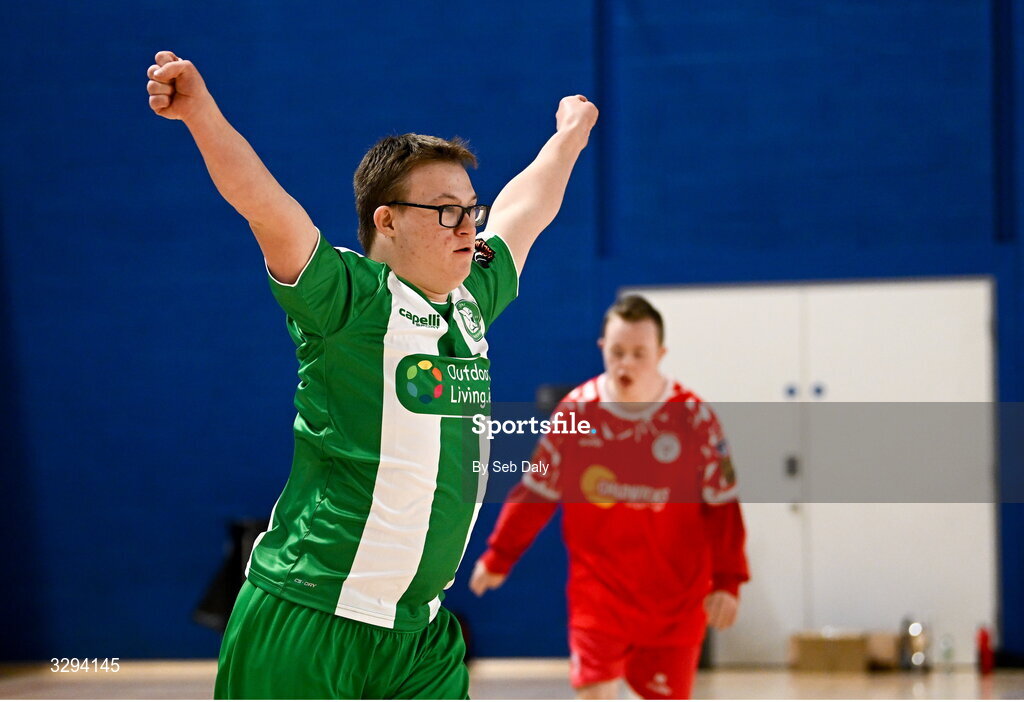16 November 2025; Luca Donohue of Bray Wanderers celebrates after scoring a goal during the LOI Cairdeas Cup Festival match between Bray Wanderers and Shelbourne at the National Indoor Arena on the Sport Ireland Campus in Dublin. Photo by Seb Daly/Sportsfile