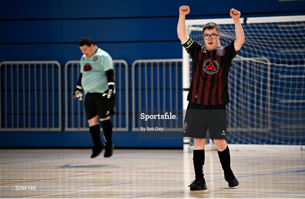 16 November 2025; Bohemians captain Fergus Cosgrave celebrates after scoring a goal during the LOI Cairdeas Cup Festival match between Bohemians and Dundalk at the National Indoor Arena on the Sport Ireland Campus in Dublin. Photo by Seb Daly/Sportsfile