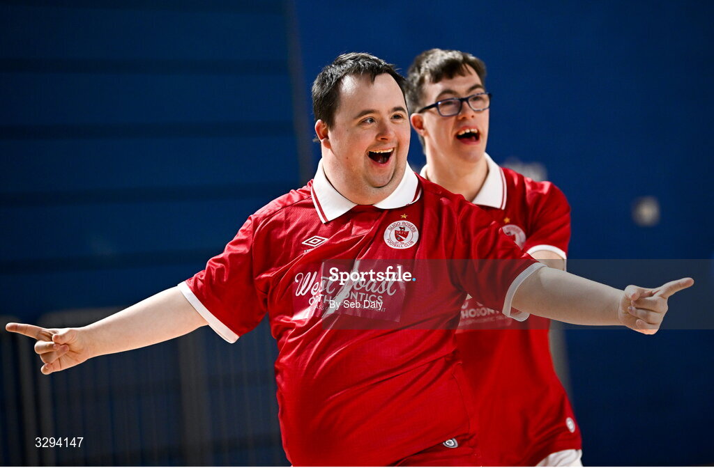 16 November 2025; Christopher Cogan of Sligo Rovers, front, celebrates with teammate Tim Curran after scoring a goal during the LOI Cairdeas Cup Festival match between Sligo Rovers and St Patrick's Athletic at the National Indoor Arena on the Sport Ireland Campus in Dublin. Photo by Seb Daly/Sportsfile