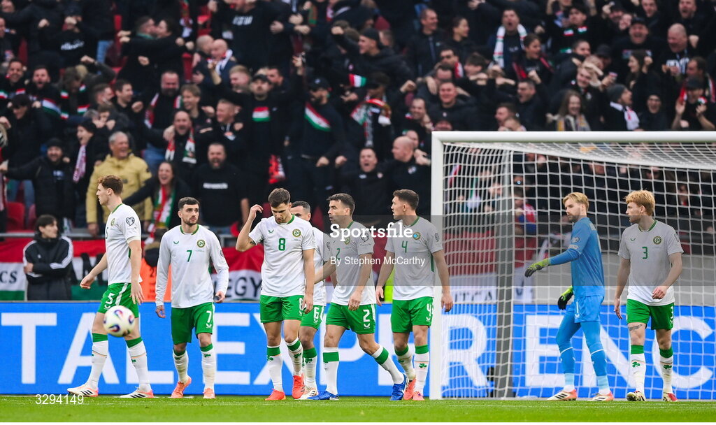 16 November 2025; Republic of Ireland players dejected after conceding a first goal during the FIFA World Cup 2026 Group F Qualifier match between Hungary and Republic of Ireland at Puskás Aréna in Budapest, Hungary. Photo by Stephen McCarthy/Sportsfile
