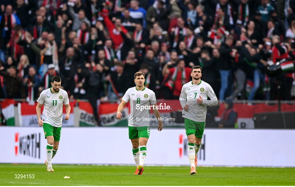 16 November 2025; Republic of Ireland players, including Jayson Molumby and Troy Parrott, dejected after conceding a first goal during the FIFA World Cup 2026 Group F Qualifier match between Hungary and Republic of Ireland at Puskás Aréna in Budapest, Hungary. Photo by Stephen McCarthy/Sportsfile
