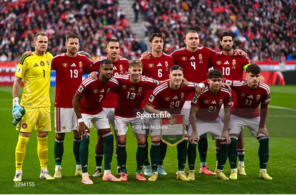 16 November 2025; The Hungary team before the FIFA World Cup 2026 Group F Qualifier match between Hungary and Republic of Ireland at Puskás Aréna in Budapest, Hungary. Photo by Ben McShane/Sportsfile